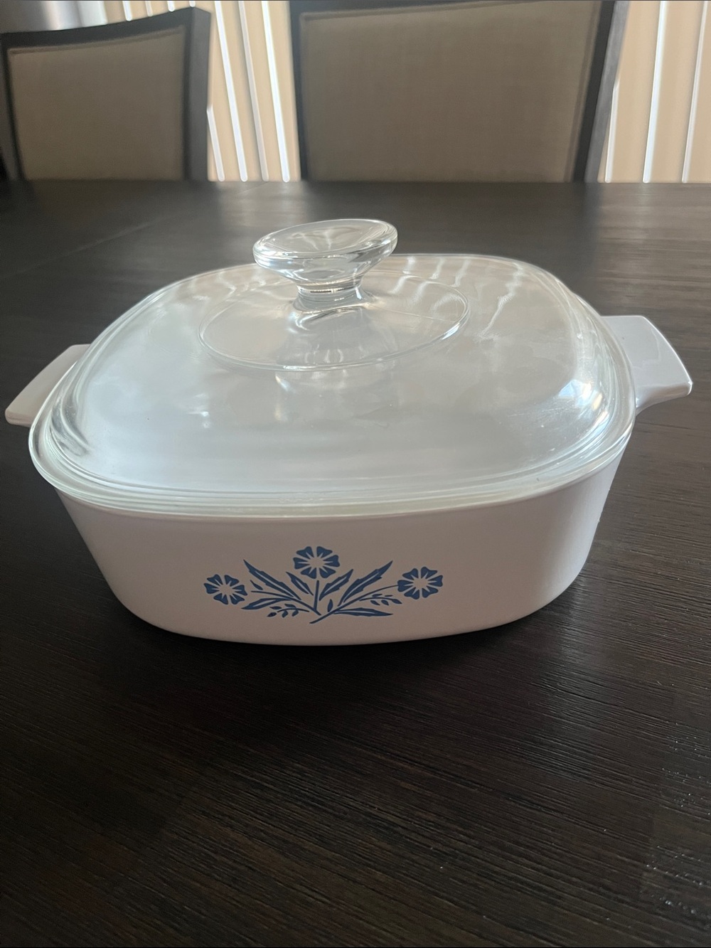 Vintage CorningWare White Casserole Dish with Blue Flower Design with Lid 2-Qt